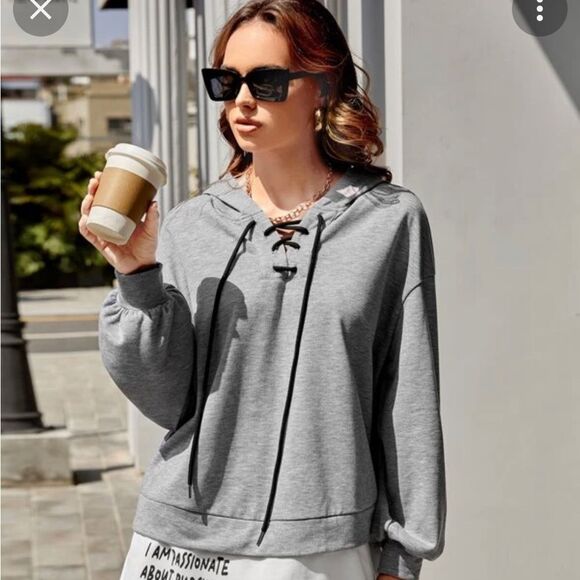 vS Pink grey lace up hooded sweatshirt& matching lace up joggers sweatsuit  trac - Picture 1 of 13